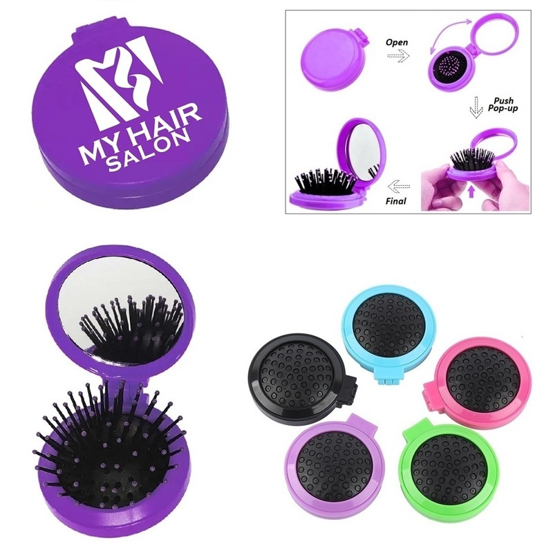LJS0309-Folding Compact Hair Brush With Mirror